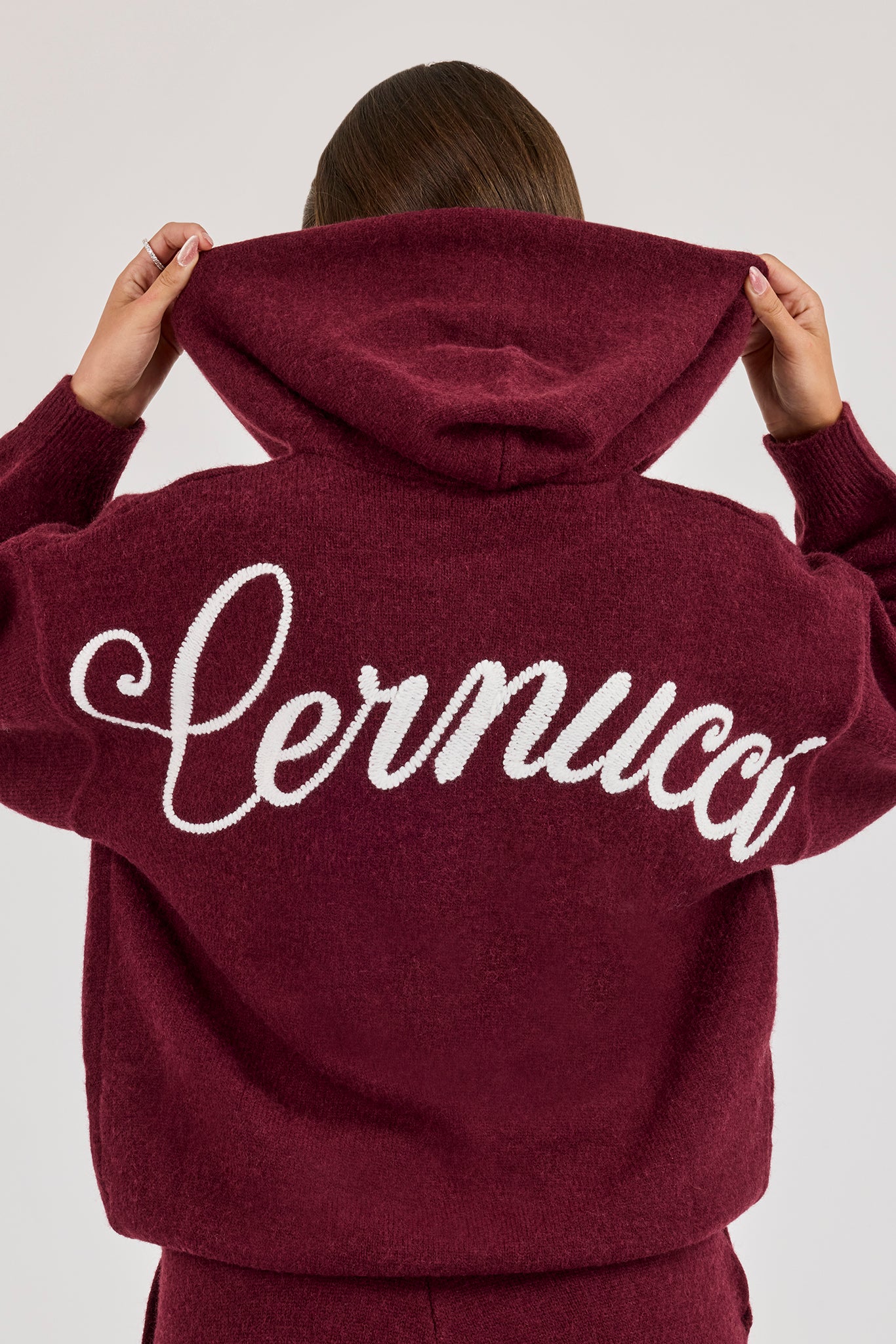 Knitted Stitch Back Detail Zip Through Hoodie - Burgundy